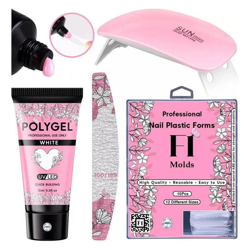 10x Kit Alongamento Polygel + Molde F1 + Lixa + Cabine Sun