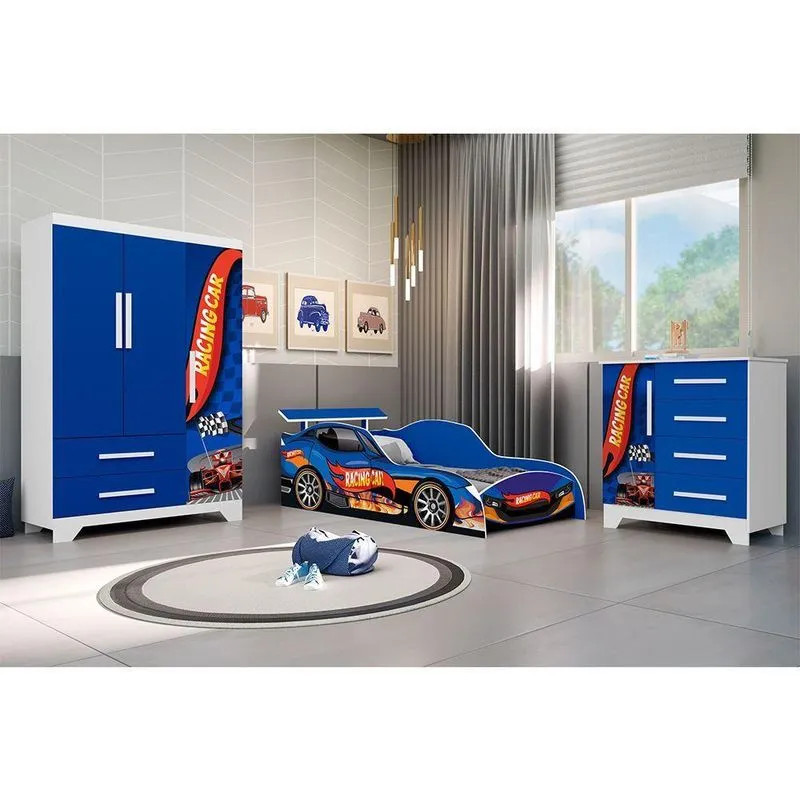 Conjunto Cama Cômoda Guarda Roupa Infantil 81cm Azul Gd Móveis