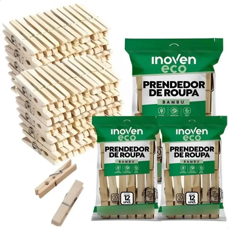 10x Kit Prendedor De Roupa Bambu 120un Reforçado Mola Espec