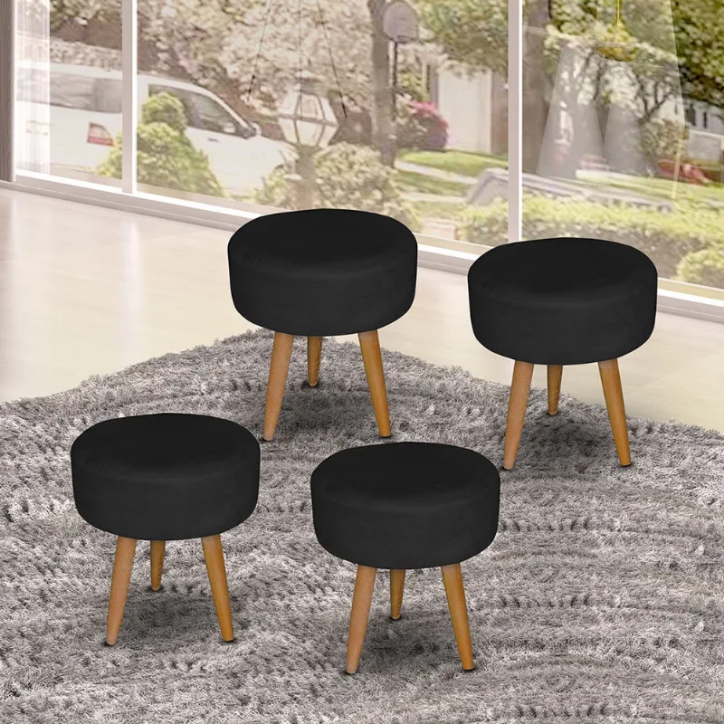 04 Puff Decorativo para sala, escritorio e recepção Redondo Preto