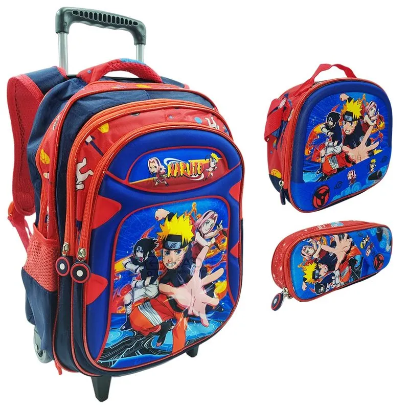Mochila Infantil Rodinhas c/ Estojo Lancheira Escolar 3 Pcs - Naruto
