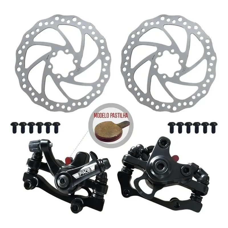 10x Freio Disco Mecânico Rotores 160mm+calipers Preto