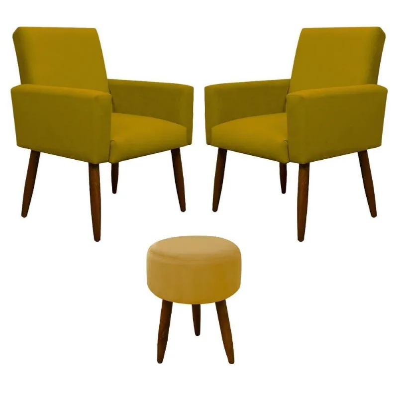 Kit 2 Poltronas Com Puff Redondo Para Sala Nina Amarelo