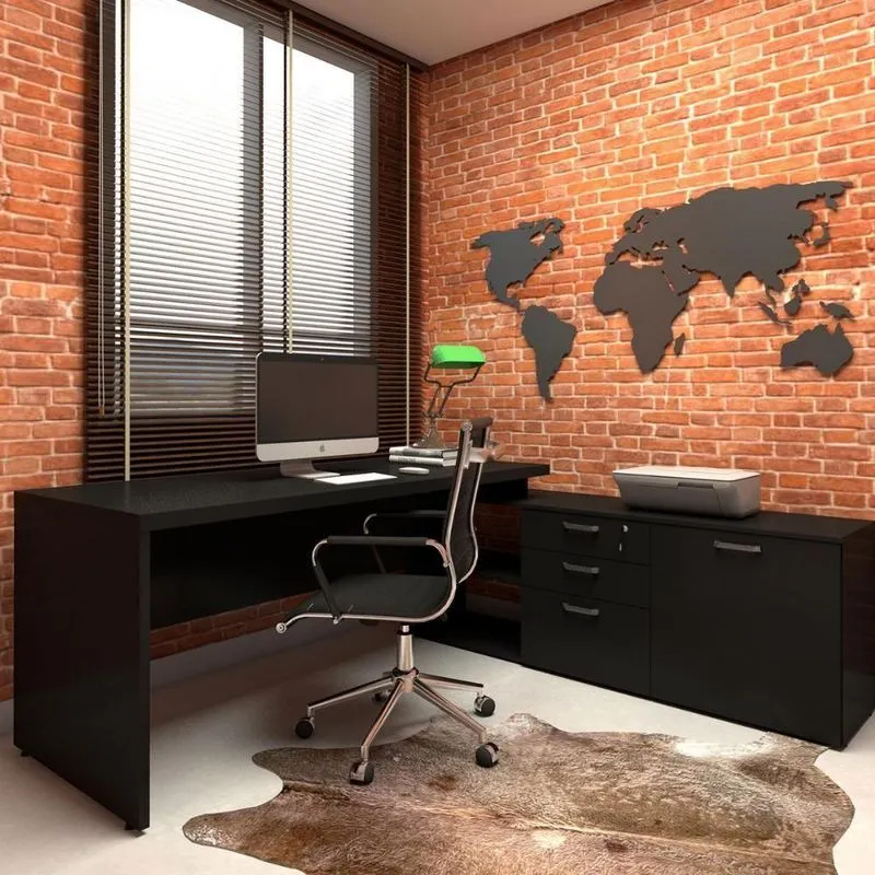 Mesa De Escritório Em L Com Balcão 3 Gavetas Mdf-mdp 190cm Preto F5 Office