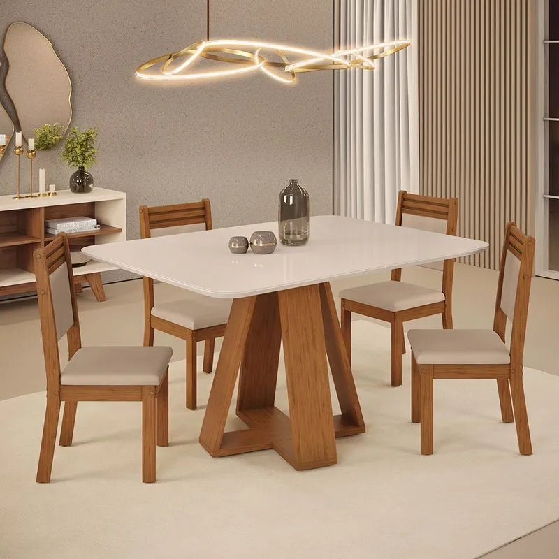 Mesa de Jantar Kiara 120x90 com 04 Cadeiras Maitê Freijó Off White Veludo Creme