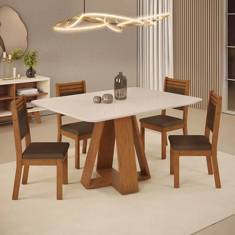 Mesa de Jantar Kiara 120x90 com 04 Cadeiras Maitê Freijó Off White Veludo Moca
