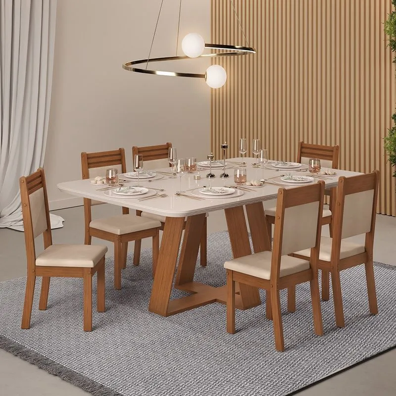 Mesa de Jantar Kiara 160x90 com 06 Cadeiras Maitê Freijó Off White Veludo Creme