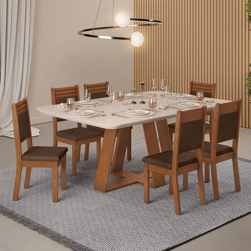 Mesa de Jantar Kiara 160x90 com 06 Cadeiras Maitê Freijó Off White Veludo Moca