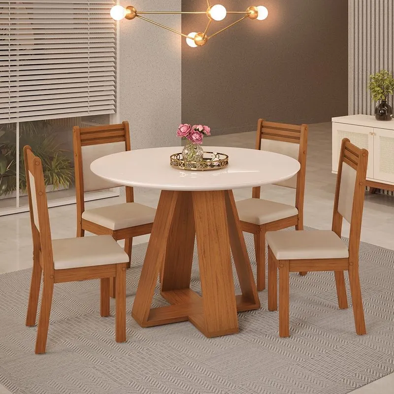 Mesa de Jantar Redonda Kiara 103cm com 04 Cadeiras Maitê Freijó Off White Veludo Creme