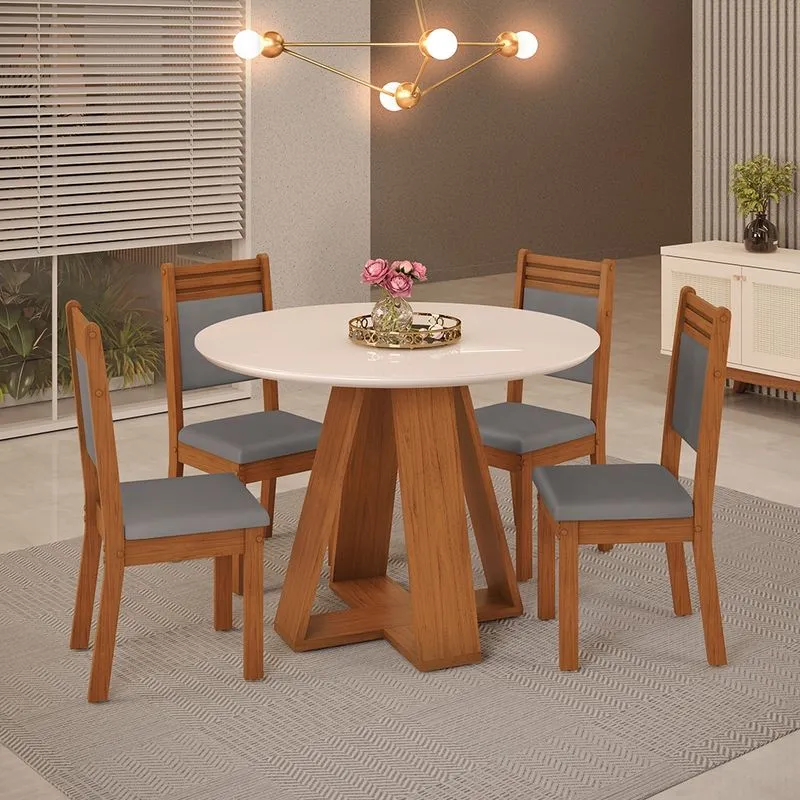 Mesa de Jantar Redonda Kiara 103cm com 04 Cadeiras Maitê Freijó Off White Veludo Lunar