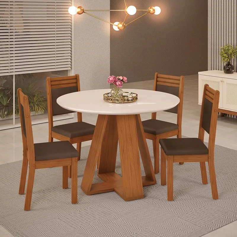 Mesa de Jantar Redonda Kiara 103cm com 04 Cadeiras Maitê Freijó Off White Veludo Moca