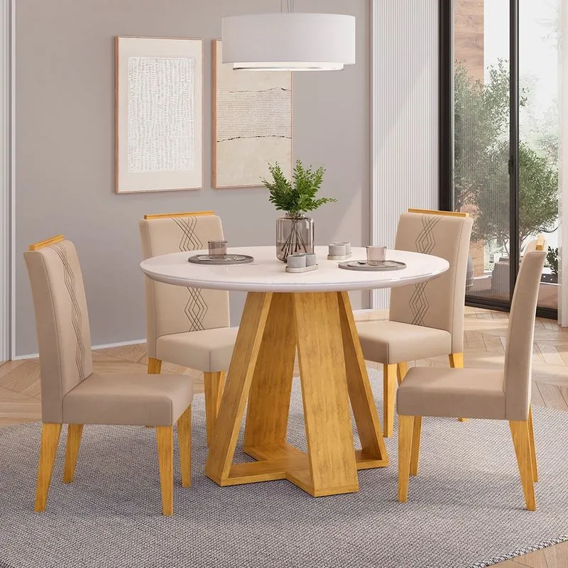 Mesa de Jantar Redonda kiara 103cm com 04 Cadeiras Yasmin Cedro Off White Veludo Kraft