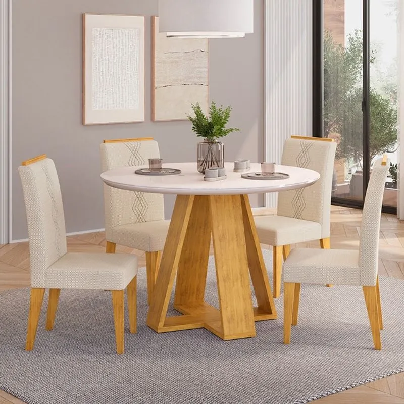 Mesa de Jantar Redonda kiara 103cm com 04 Cadeiras Yasmin Cedro Off White Linho Neve