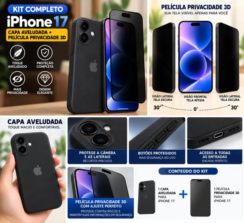 CAPA AVELUDADA IPHONE 17 + PELICOLA PRIVACIDADE 3D