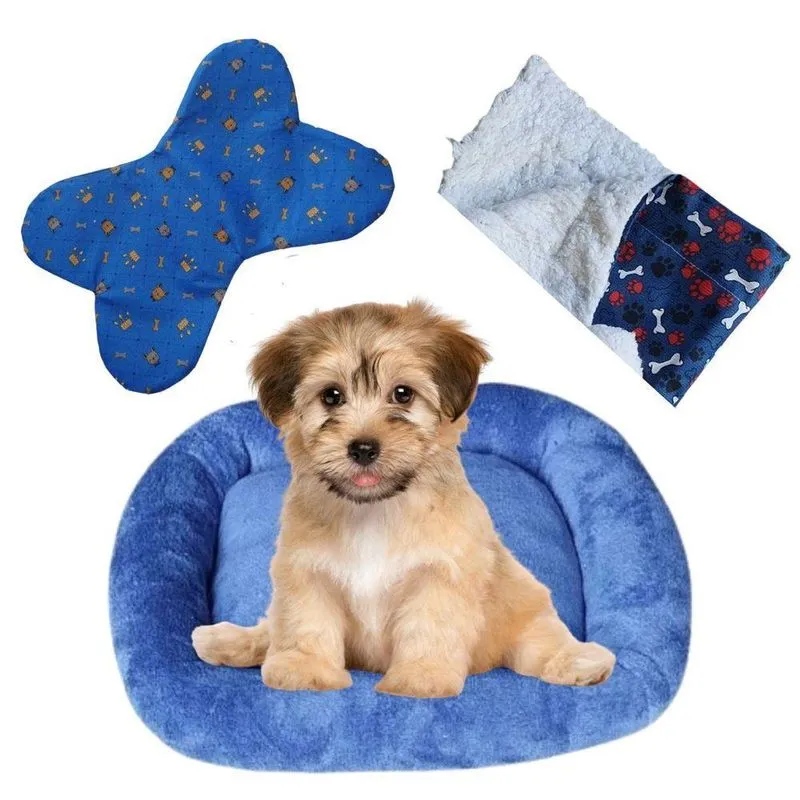 Kit Cama Pet Bigata M Luxo Fofa Com Comedouro E Manta Azul Marinho