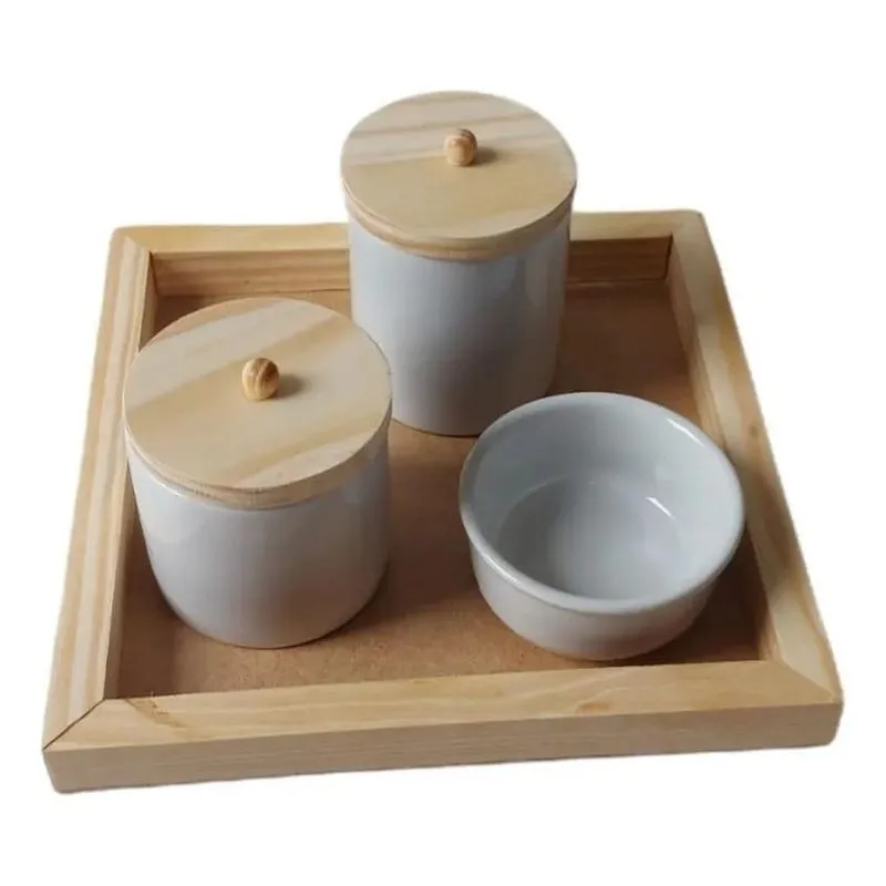 3x Kit Higiene Bebê Porcelana Tampa E Bandeja Madeira 4 Peça