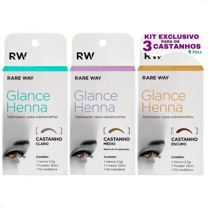 2x Kit 3 Henna Glance Para Sobrancelhas Rare Way 100% Natura