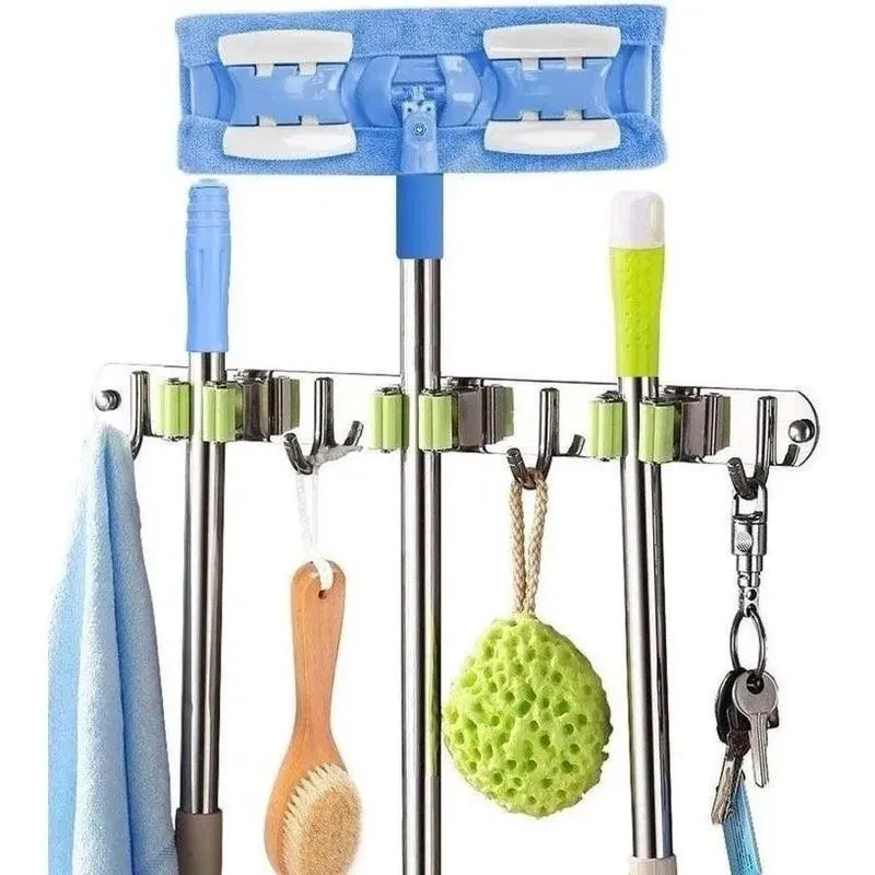 5x Suporte Com Gancho Inox Para Vassoura Rodo Pá 3 Acessório