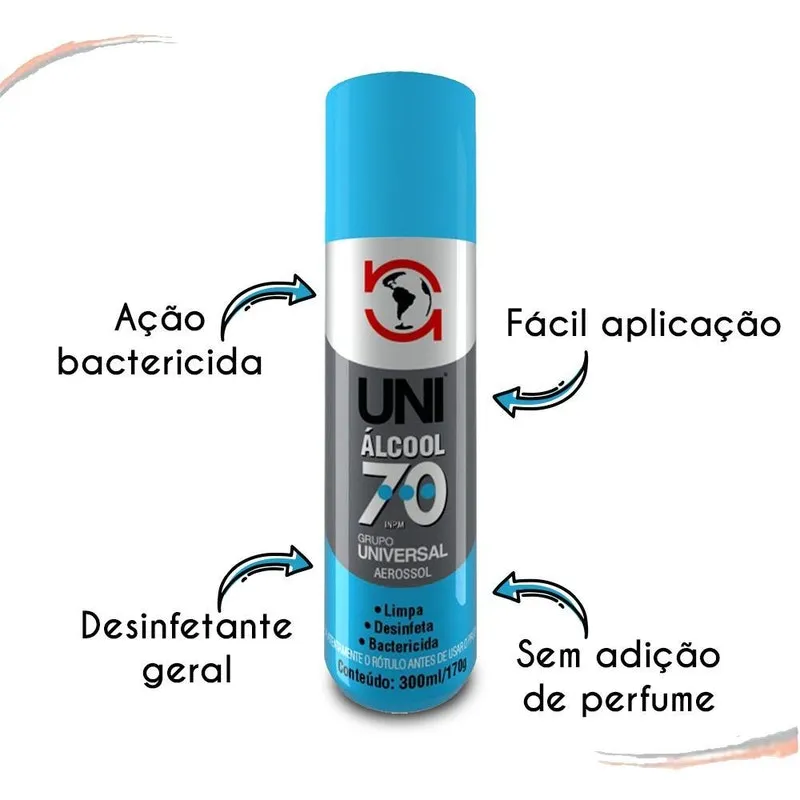 Álcool Aerosol 70 Inpm Bactericida Multiuso Uni1000 - 300 Ml