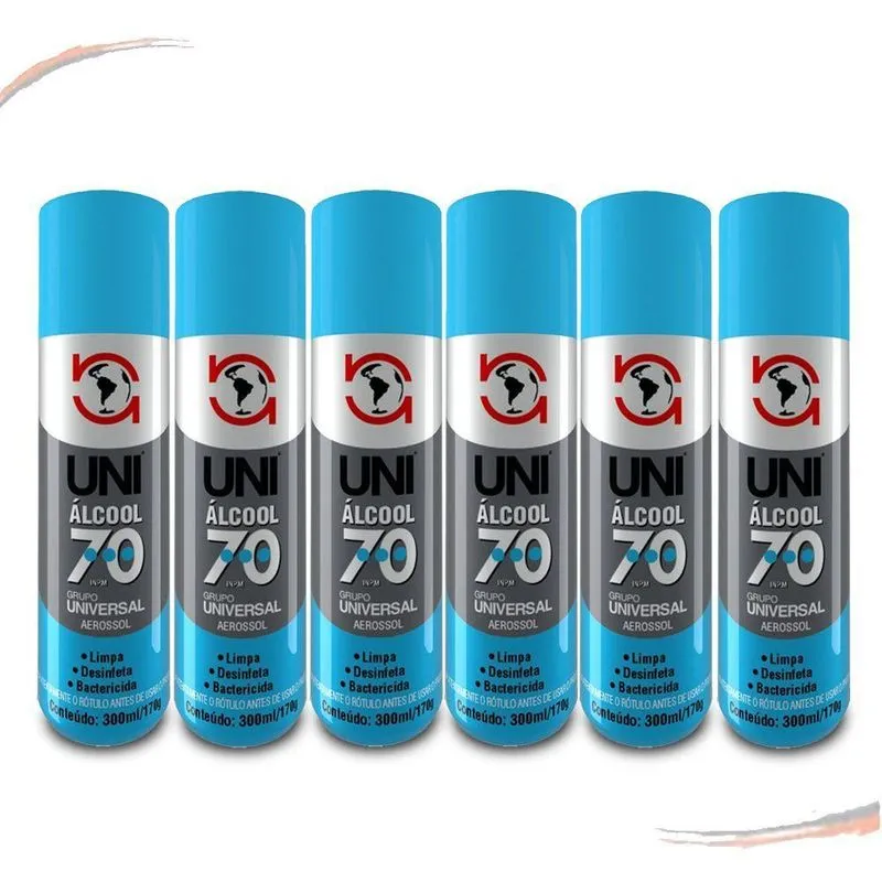 Kit Com 6 Alcool 70 Spray Uni1000 Aresssol Multiuso - 300 Ml - Un / 6