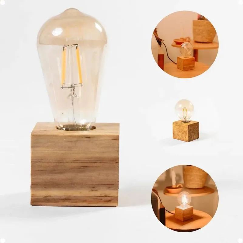 2x Abajur Luminaria De Mesa Cubo Madeira Maciça E27 Cabo 1,2