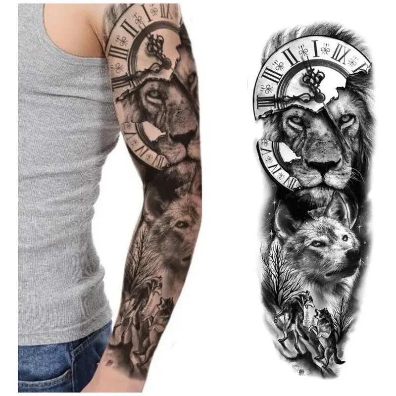 2x Tatuagem Falsa Temporaria - Leão E Lobo - Braço Inteiro