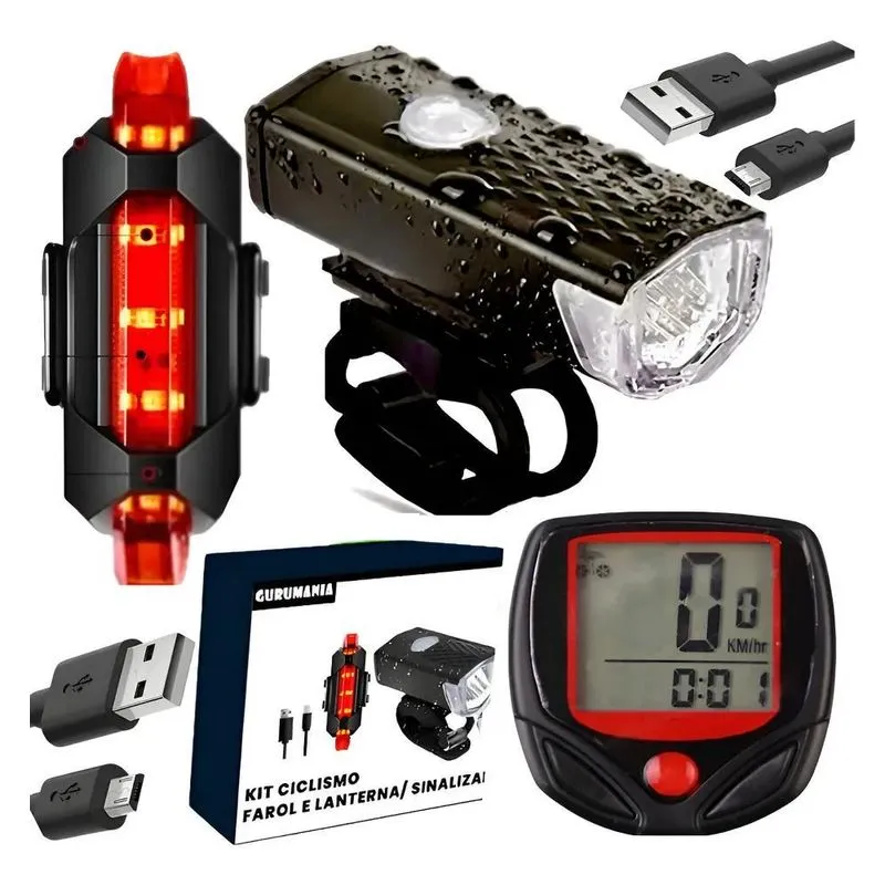 Farol Lanterna E Velocimetro Bicicleta Usb Bike Ultra Preto