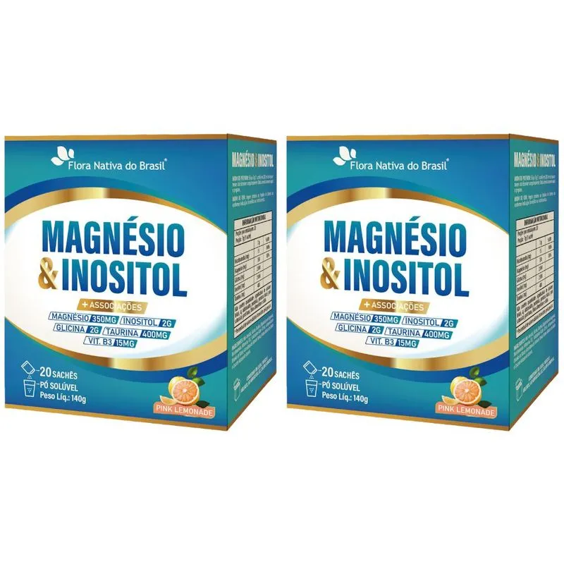 KIT 2X Magnésio com Inositol, Glicina, Taurina e Vitamina B3 - 20 sachês - Flora Nativa - Pink Lemonade