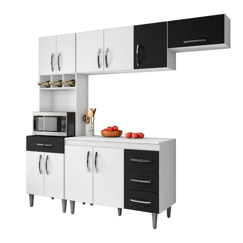 Armário Cozinha Completa Com Tampo 240 Cm Clara Branco Preto