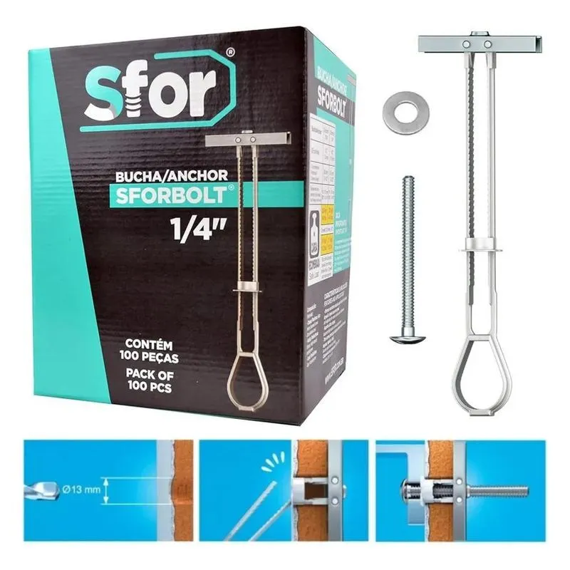 10x 100 Bucha Gesso Drywall Bloco 1/4 Sforbolt Parafuso Arr