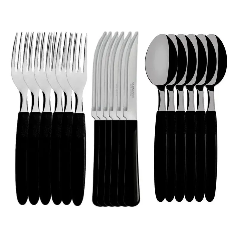 2x Kit Jogo 18 Talheres Faca Garfo Colher Inox Cabo Preto Pr