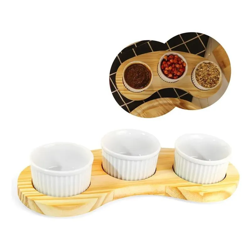 10x Kit Conjunto Servir 3 Ramequim Porcelana Médio Com Tábu