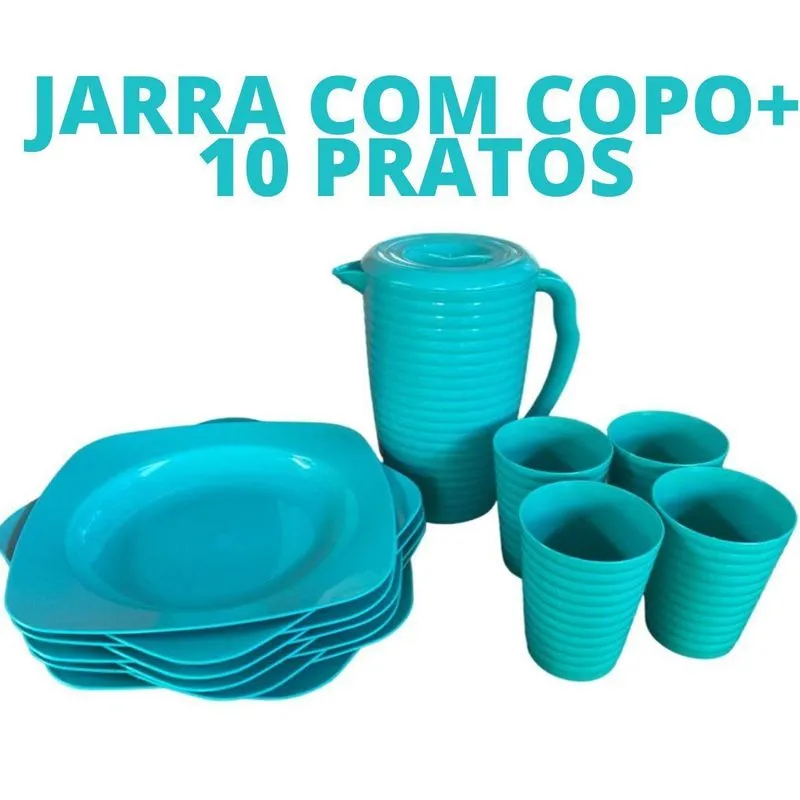 Kit Azul Jarra 2lts Copo E Prato De Plástico Festa Escola