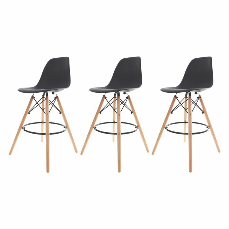 3 Banquetas Com Encosto Alto Base Madeira Wood Preto