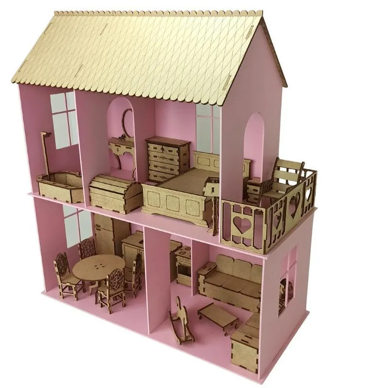 Casinha Casa De Bonecas Rosa Infantil Com 22 Móveis Montados