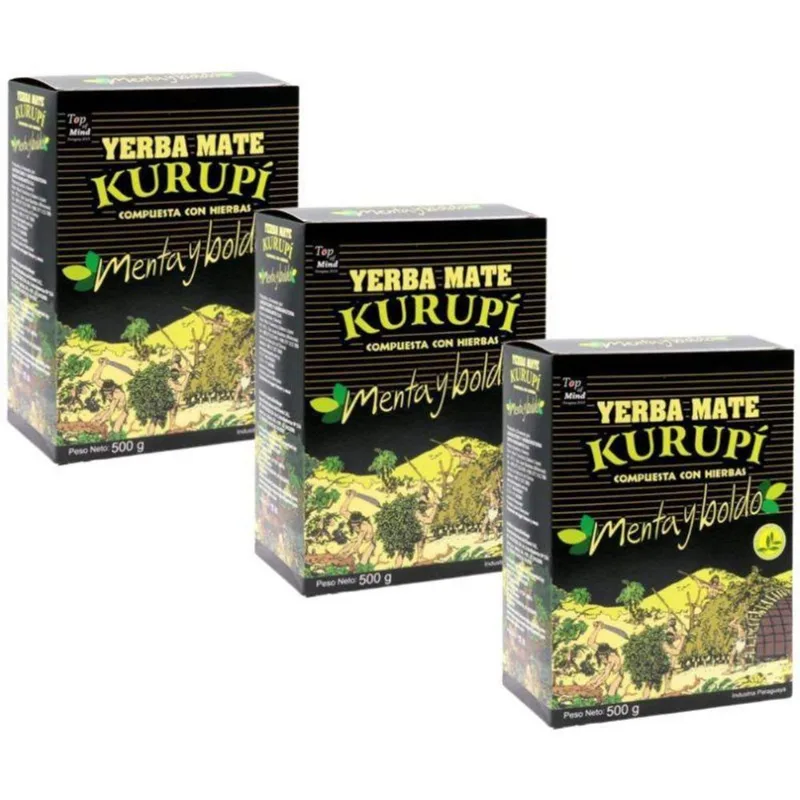 Kit 3 Erva Mate Kurupi Para Tereré Menta E Boldo Caixa 500g