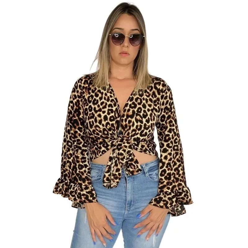 Blusa Cropped Manga Longa Flare Laço De Amarrar Em Varias Posições