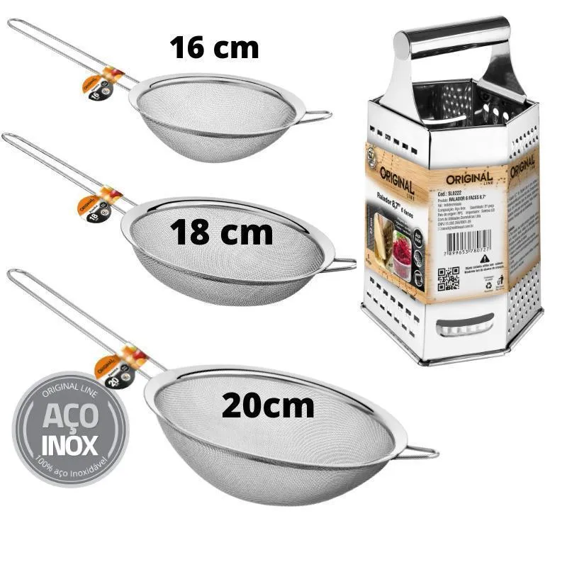 Combo Kit 3 Peneiras Grandes + Ralador Inox 6 Faces