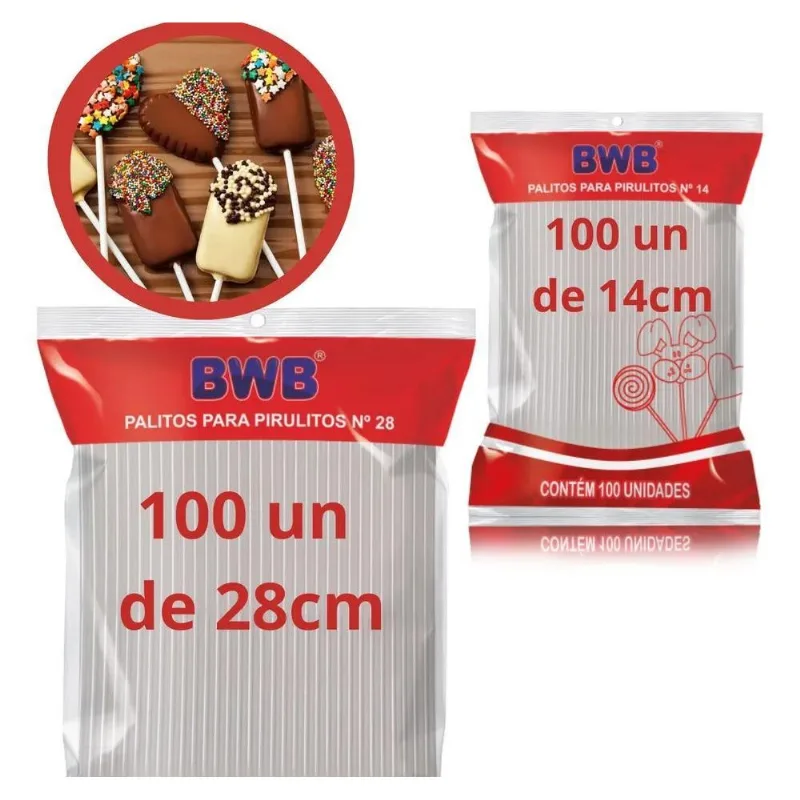 Kit 100 Palito Pirulito 14 Cm + 100 Palito 28 Cm Cristal Bwb
