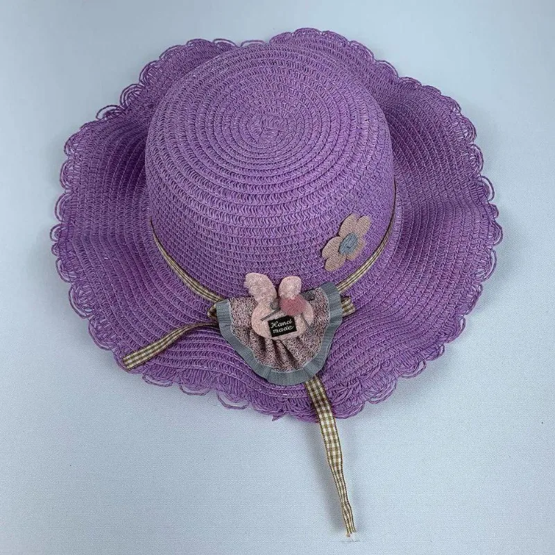 Chapéu De Palha Sintética Infantil Moda Praia Com Coelhinho Com Elástico lilas