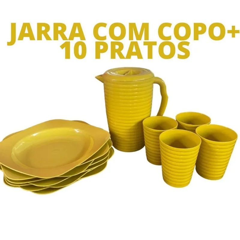 Jarra Alça Suco Copo E Prato Amarelo Cozinha Reforçado Kit