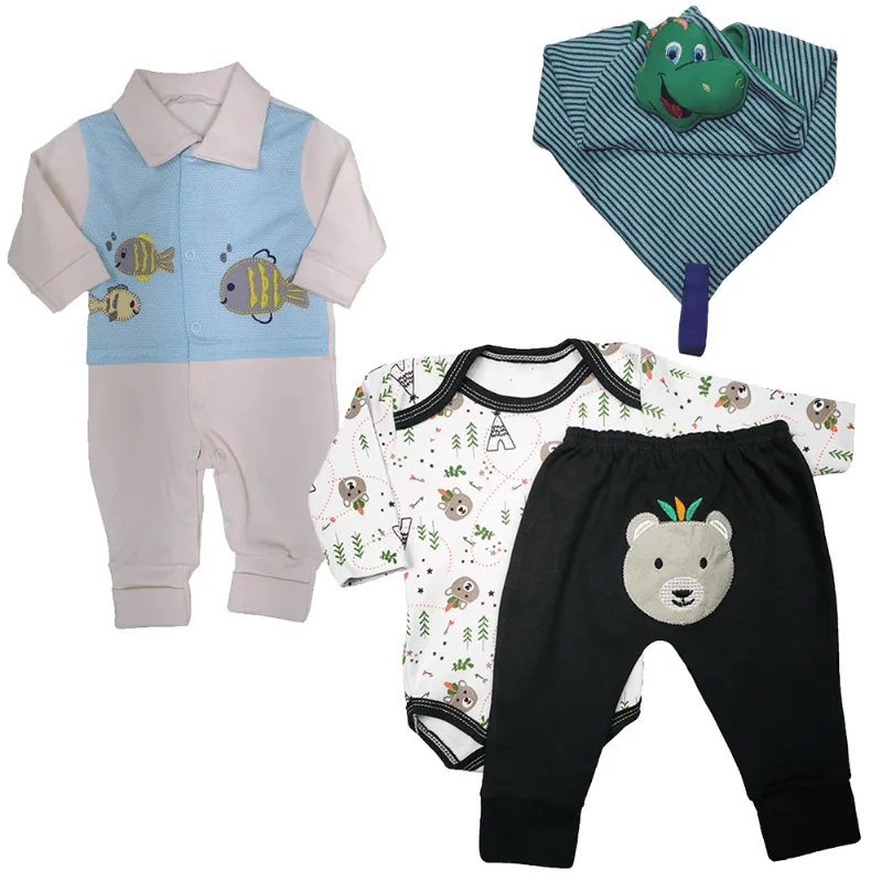 Body Estampado Saída Maternidade Enxoval Para Bebê Kit 4 Pçs