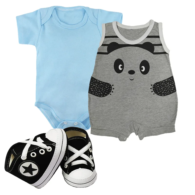 Kit 3 Peças Roupa Bebê Verão Body Sapatinho E Banho De Sol
