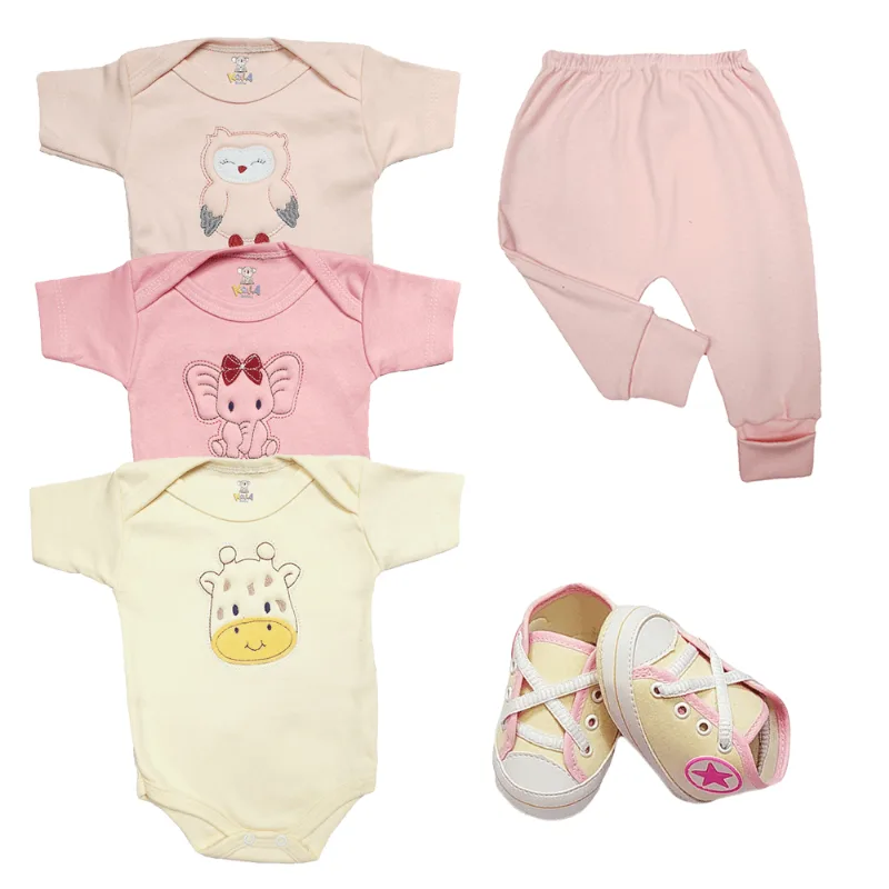 Body Bordado Enxoval Roupa Bebê Kit 5 Pçs Mijão E Sapatinho