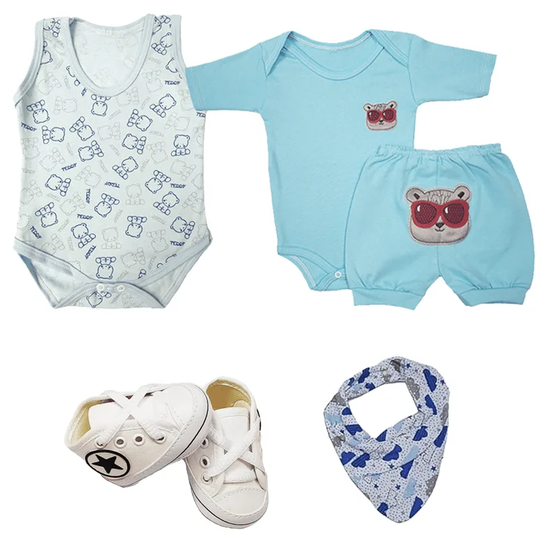Kit 4 Peças Bebês Conjunto Body e Short Bandana Sapatinhos