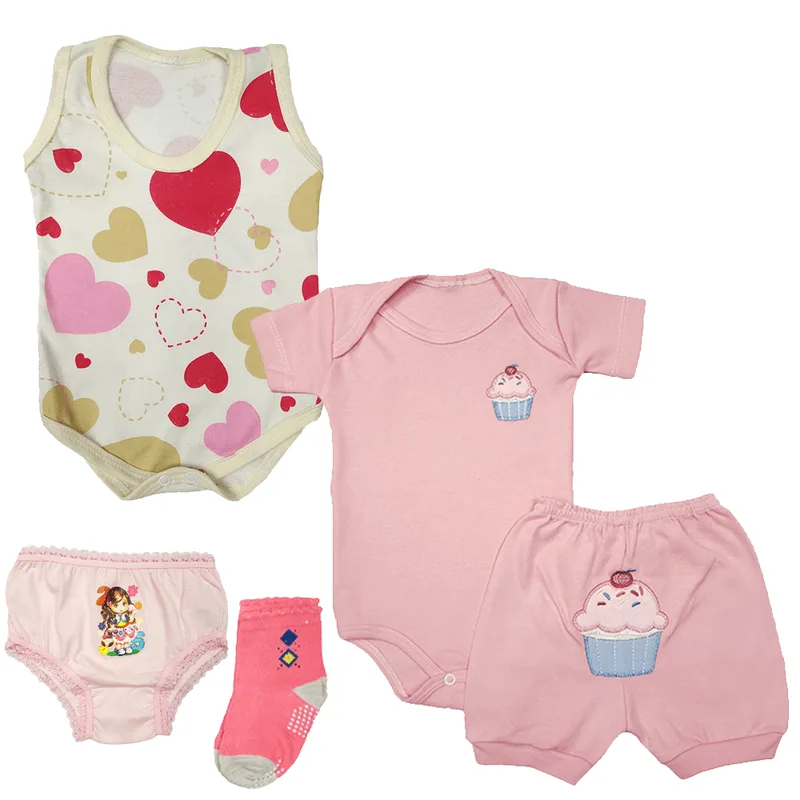 Kit Roupa de Bebê 5 Peças Conjunto Body Shorts Meia e Regata