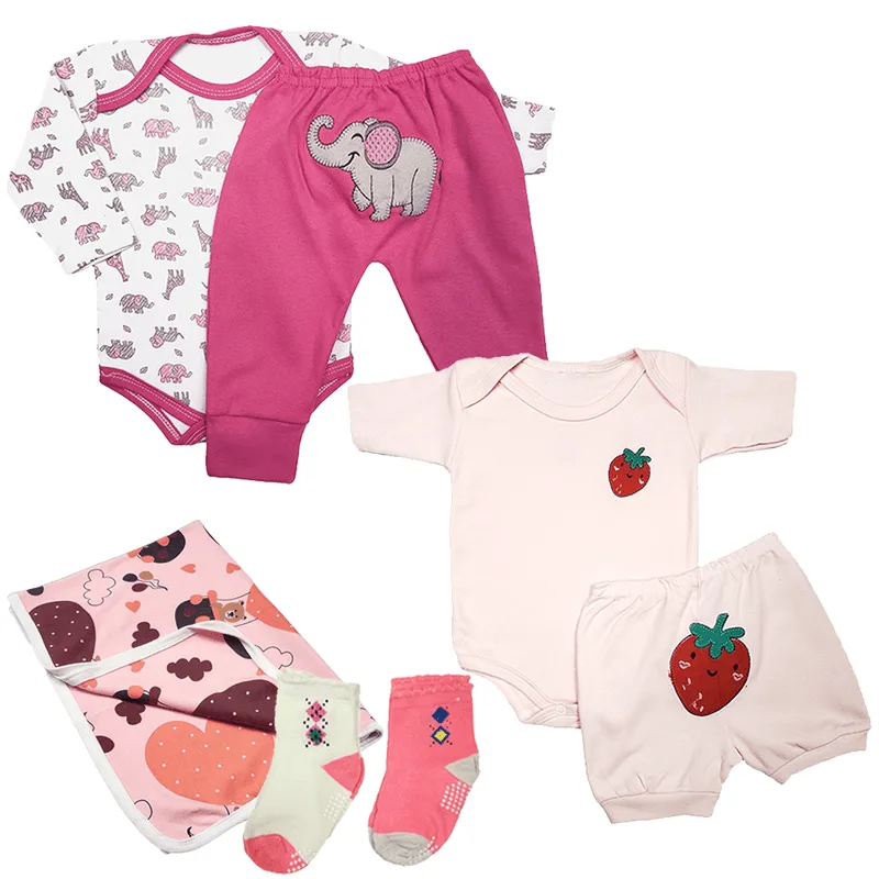 Kit Bebê 7 Peças Body e Short e Mijão Bordado Cueiro e Meias
