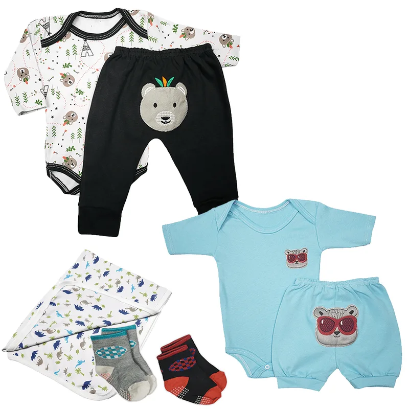 Kit Bebê 7 Peças Body e Short e Mijão Bordado Cueiro e Meias