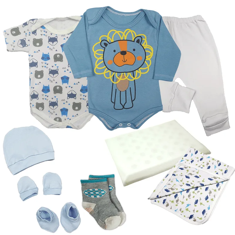 Kit Bebê 9 Pç Body Mijão Kit Touca Meia Cueiro e Travesseiro
