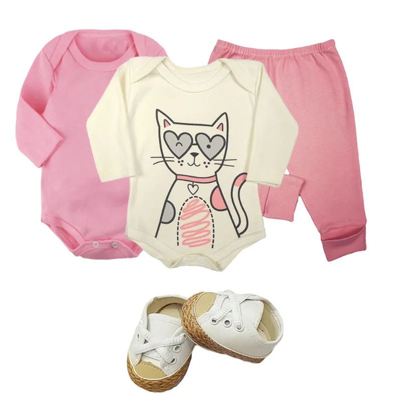 Kit Roupa de Bebê 4 Peças Body Longo Mijão e Sapatinho Promo